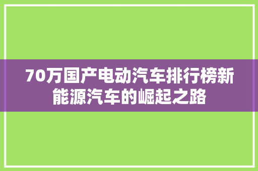 70万国产电动汽车排行榜新能源汽车的崛起之路