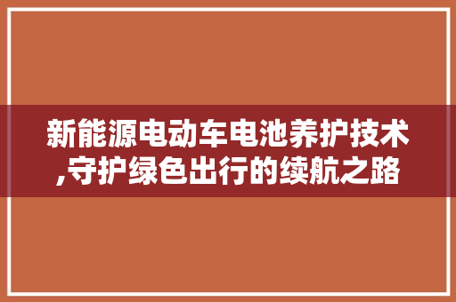 新能源电动车电池养护技术,守护绿色出行的续航之路