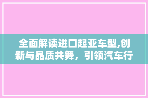 全面解读进口起亚车型,创新与品质共舞，引领汽车行业新潮流