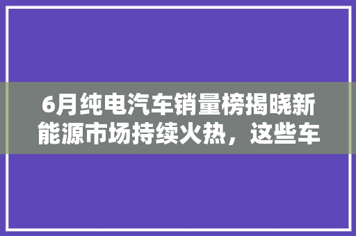 6月纯电汽车销量榜揭晓新能源市场持续火热，这些车型领跑行业