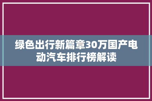 绿色出行新篇章30万国产电动汽车排行榜解读